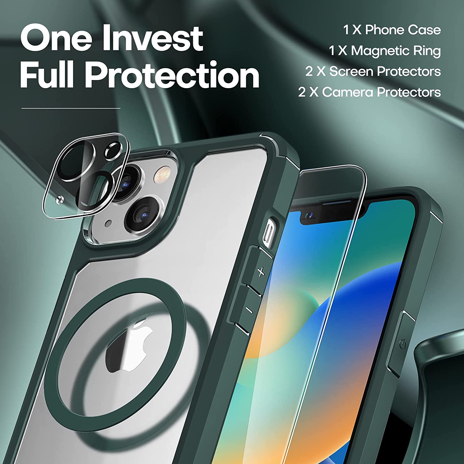 TAURI [5 in 1] for iPhone 14 Case, [Not Yellowing] with 2 Tempered Glass Screen Protector + 2 Camera Lens Protector [Military Drop Protection] Shockproof Slim Phone Case for iPhone 14 6.1 Inch-Green