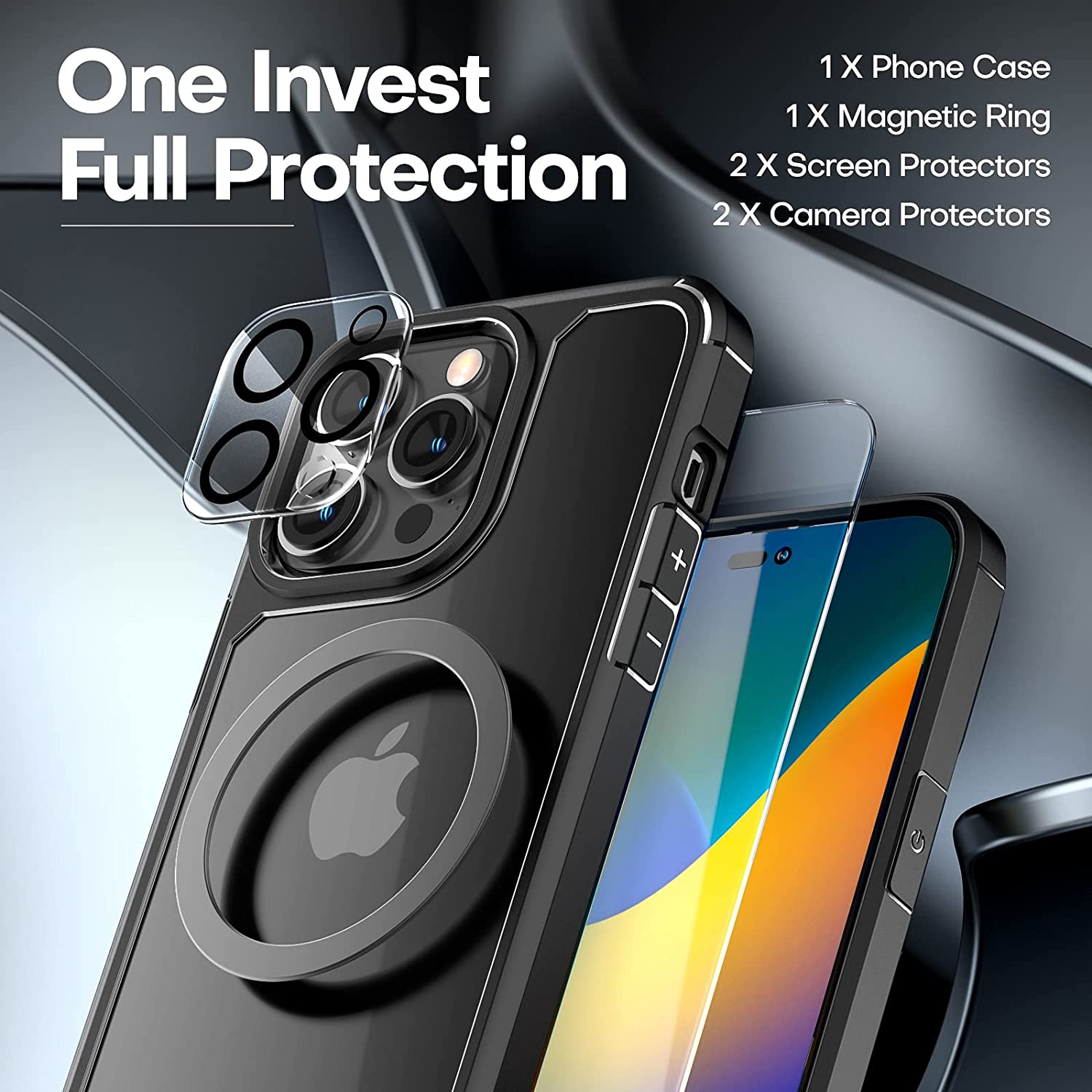 TAURI [5 in 1] for iPhone 14 Pro Case, [Not Yellowing] with 2X Tempered Glass Screen Protector + 2X Camera Lens Protector, [Military Grade Drop Protection] Shockproof Slim Phone Case 6.1 Inch, Black