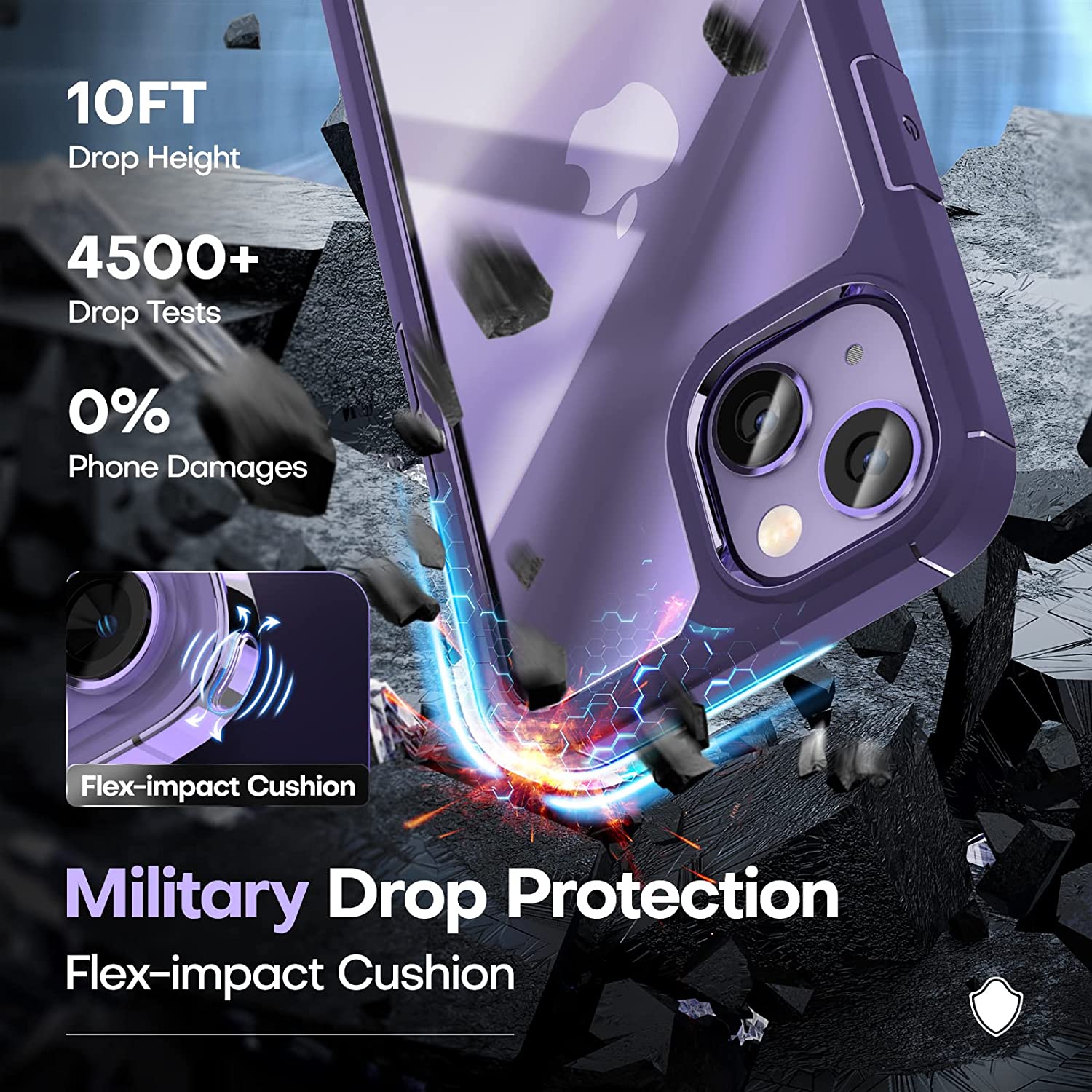 TAURI [5 in 1] for iPhone 14 Case, [Not Yellowing] with 2 Tempered Glass Screen Protector + 2 Camera Lens Protector [Military Drop Protection] Shockproof Slim Phone Case for iPhone 14 6.1 Inch-Purple