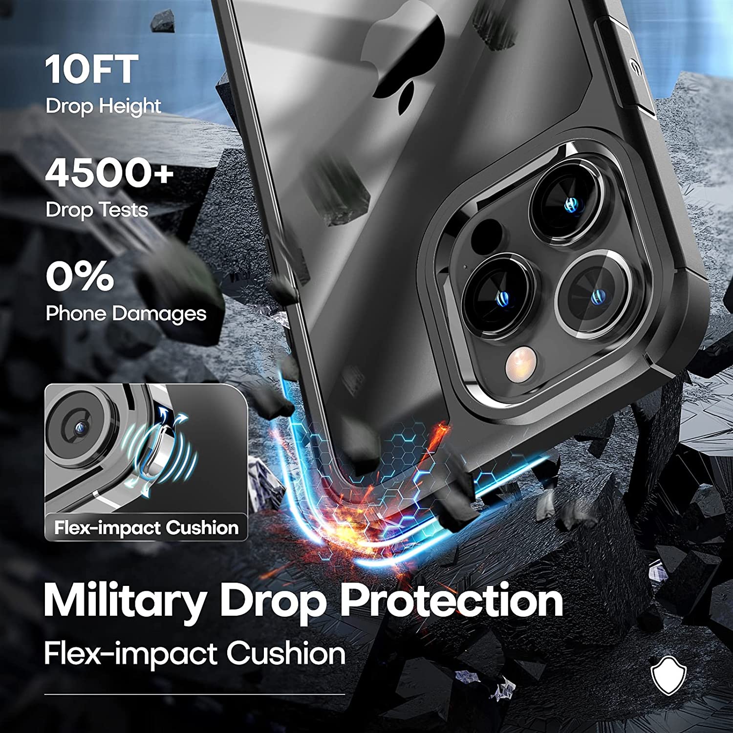 TAURI [5 in 1] for iPhone 14 Pro Case, [Not Yellowing] with 2X Tempered Glass Screen Protector + 2X Camera Lens Protector, [Military Grade Drop Protection] Shockproof Slim Phone Case 6.1 Inch, Black
