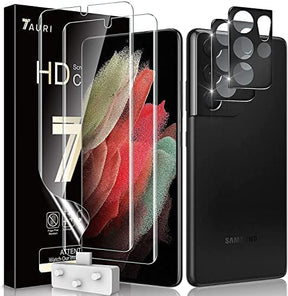 [2+2 Pack] Tauri Compatible with Samsung Galaxy S21 Ultra 5G 6.8 - inch, 2 Pack Flexible TPU Screen Protector + 2 Pack Camera Lens Protector Support Fingerprint Unlock Easy Installation Bubble Free