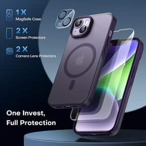TAURI [5 in 1] Magnetic Case for iPhone 14 Plus [Military Grade Drop Protection] with 2X Screen Protector +2X Camera Lens Protector, Translucent Matte Slim Fit Compatible with Magsafe Case-Purple