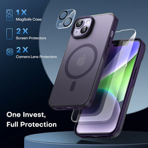 TAURI [5 in 1] Magnetic for iPhone 14 Case [Compatible with MagSafe] with 2 Screen Protector +2 Camera Lens Protector, [Military Grade Drop Protection] Translucent Matte Slim Case 6.1 Inch, Purple