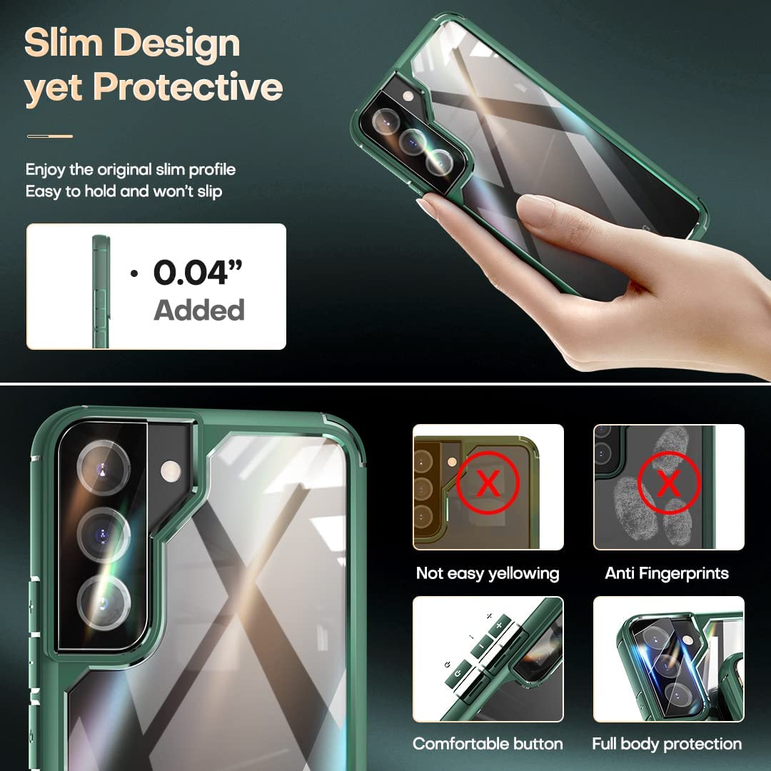 TAURI [5 in 1] Shockproof Designed for Samsung Galaxy S22 Case 5G 6.1 Inch, with 2 Pack Tempered Glass Screen Protector + 2 Pack Camera Lens Protector [Military Grade Protection] Slim Thin Cover