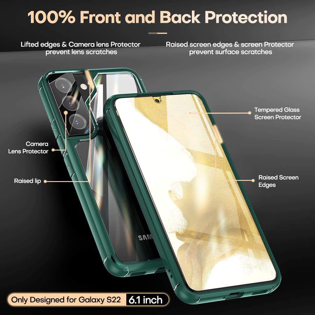 TAURI [5 in 1] Shockproof Designed for Samsung Galaxy S22 Case 5G 6.1 Inch, with 2 Pack Tempered Glass Screen Protector + 2 Pack Camera Lens Protector [Military Grade Protection] Slim Thin Cover
