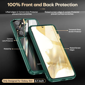 TAURI [5 in 1] Shockproof Designed for Samsung Galaxy S22 Case 5G 6.1 Inch, with 2 Pack Tempered Glass Screen Protector + 2 Pack Camera Lens Protector [Military Grade Protection] Slim Thin Cover