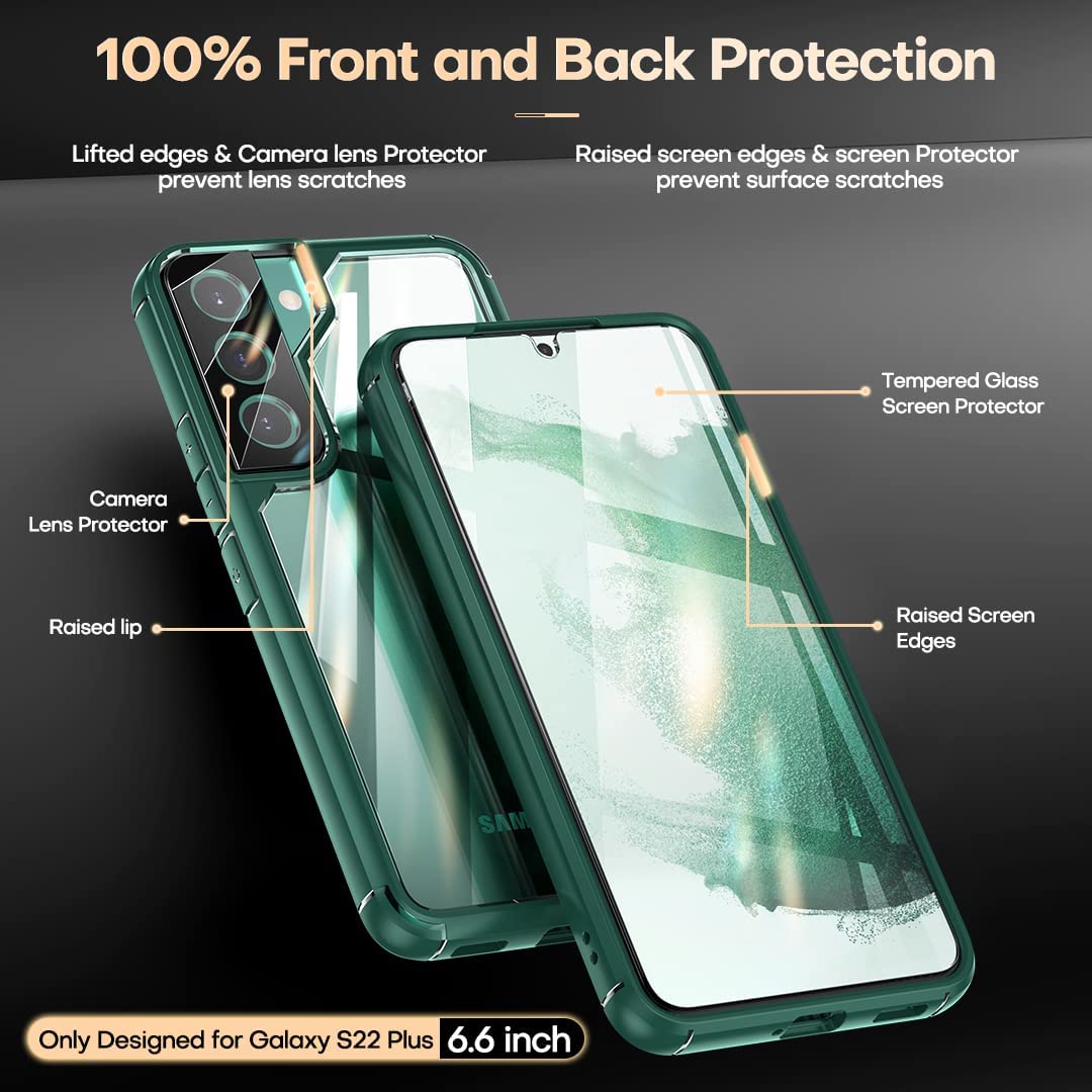 TAURI [5 in 1] Shockproof Designed for Samsung Galaxy S22 Plus Case 5G 6.6 Inch, with 2 Pack Tempered Glass Screen Protector + 2 Pack Camera Lens Protector [Military Grade Protection] Slim Cover