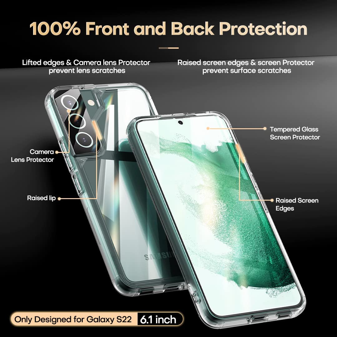 TAURI [5 in 1] Shockproof Designed for Samsung Galaxy S22 Case 5G 6.1 Inch, with 2 Pack Tempered Glass Screen Protector + 2 Pack Camera Lens Protector [Military Grade Protection] Slim Thin Cover