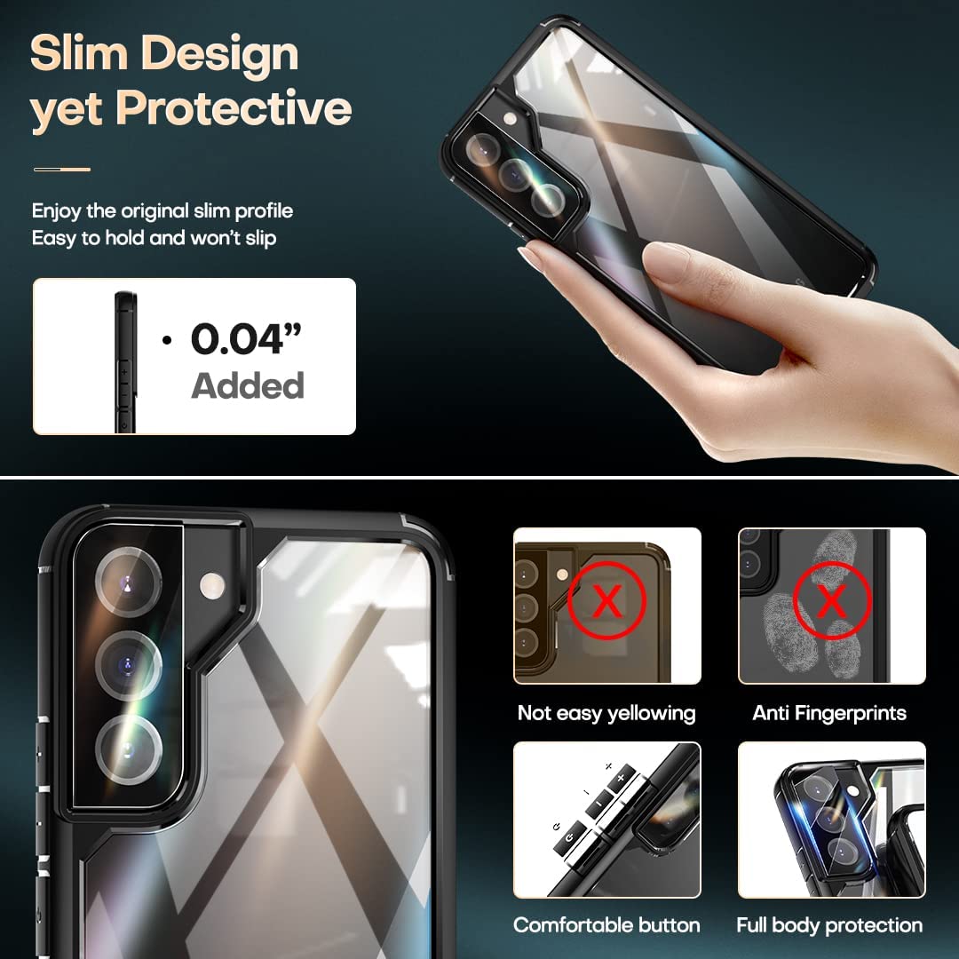TAURI [5 in 1] Shockproof Designed for Samsung Galaxy S22 Case 5G 6.1 Inch, with 2 Pack Tempered Glass Screen Protector + 2 Pack Camera Lens Protector [Military Grade Protection] Slim Thin Cover