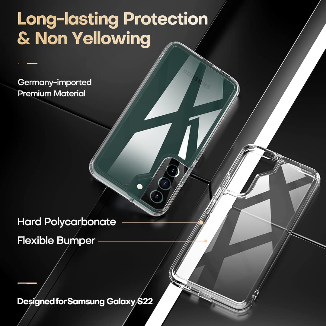 TAURI [5 in 1] Shockproof Designed for Samsung Galaxy S22 Case 5G 6.1 Inch, with 2 Pack Tempered Glass Screen Protector + 2 Pack Camera Lens Protector [Military Grade Protection] Slim Thin Cover