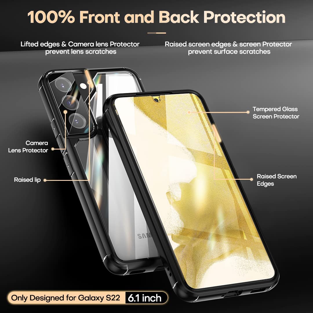 TAURI [5 in 1] Shockproof Designed for Samsung Galaxy S22 Case 5G 6.1 Inch, with 2 Pack Tempered Glass Screen Protector + 2 Pack Camera Lens Protector [Military Grade Protection] Slim Thin Cover