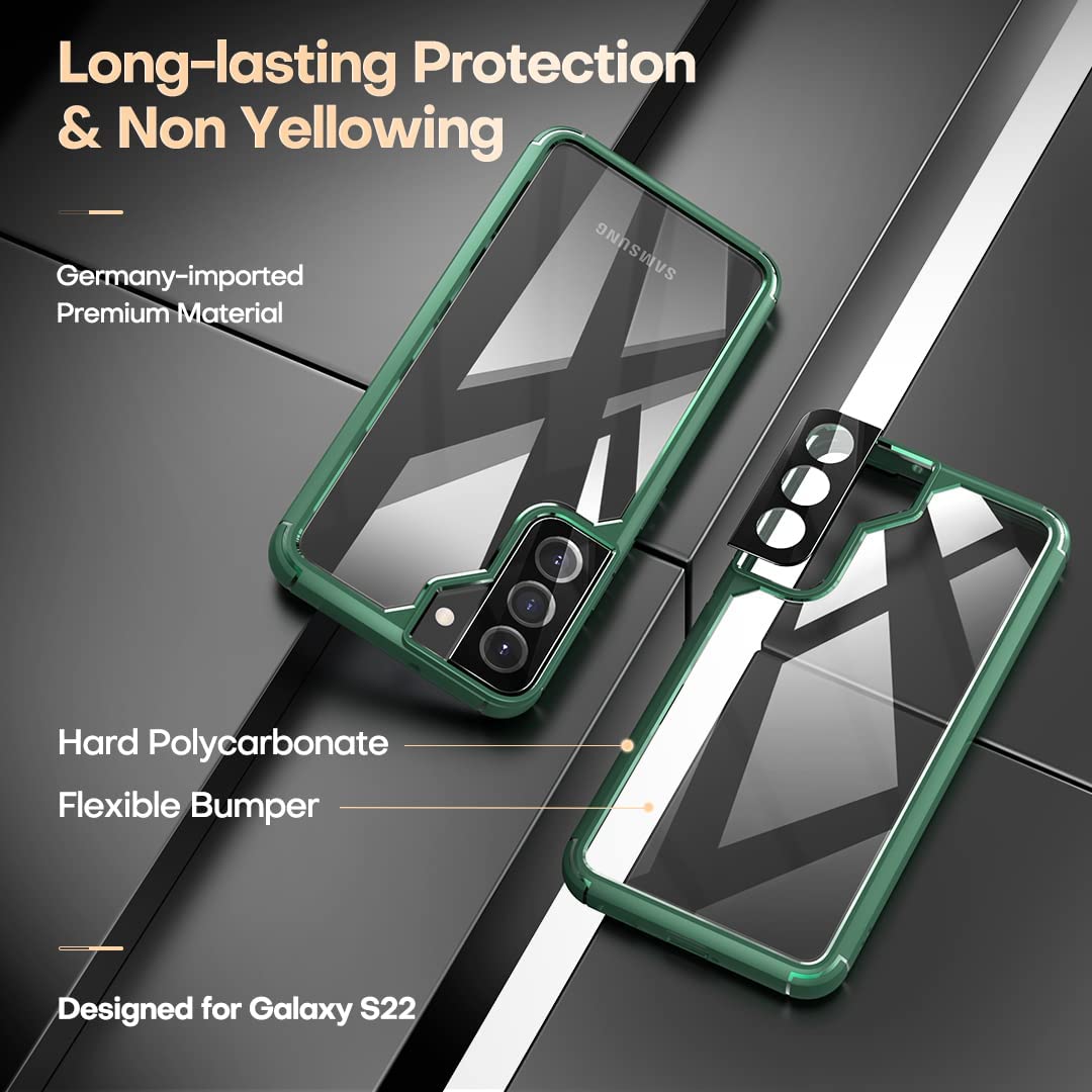 TAURI [5 in 1] Shockproof Designed for Samsung Galaxy S22 Case 5G 6.1 Inch, with 2 Pack Tempered Glass Screen Protector + 2 Pack Camera Lens Protector [Military Grade Protection] Slim Thin Cover