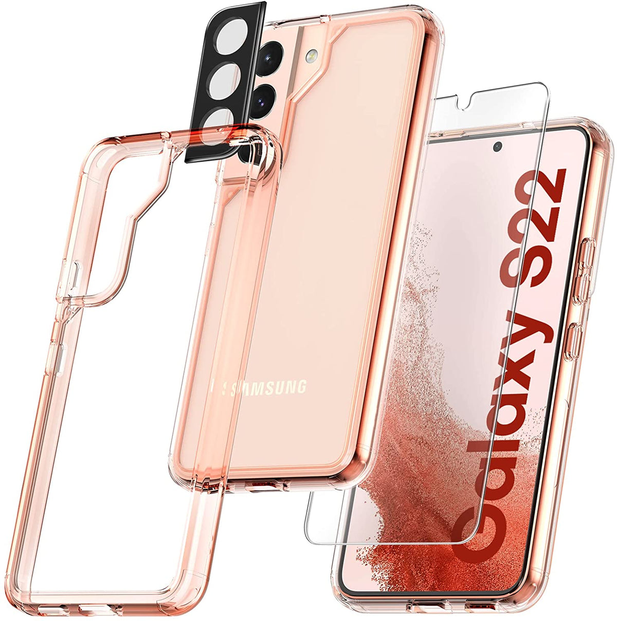 TAURI [5 in 1] Shockproof Designed for Samsung Galaxy S22 Case 5G 6.1 Inch, with 2 Pack Tempered Glass Screen Protector + 2 Pack Camera Lens Protector [Military Grade Protection] Slim Thin Cover