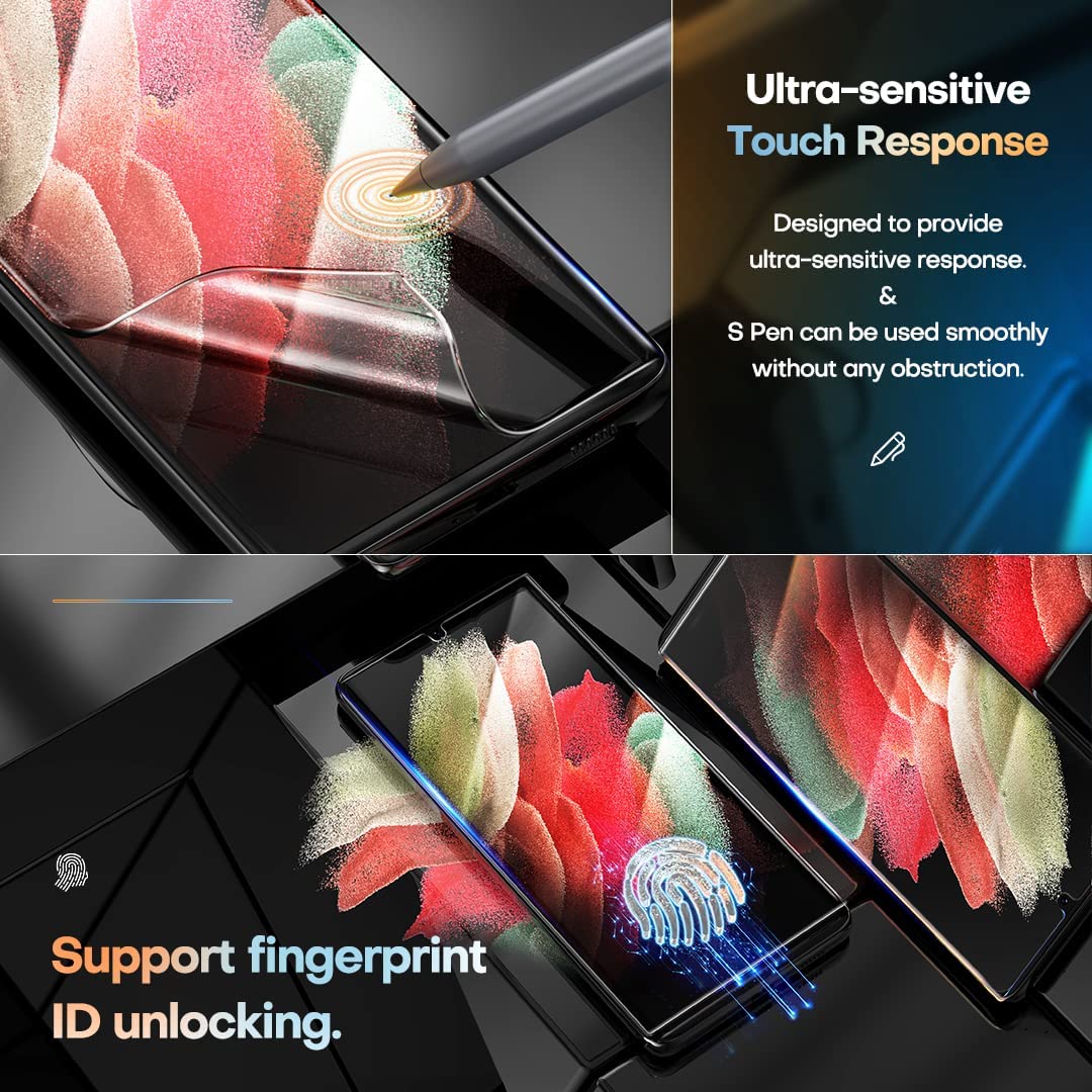 [2+2 Pack] Tauri Compatible with Samsung Galaxy S21 Ultra 5G 6.8 - inch, 2 Pack Flexible TPU Screen Protector + 2 Pack Camera Lens Protector Support Fingerprint Unlock Easy Installation Bubble Free