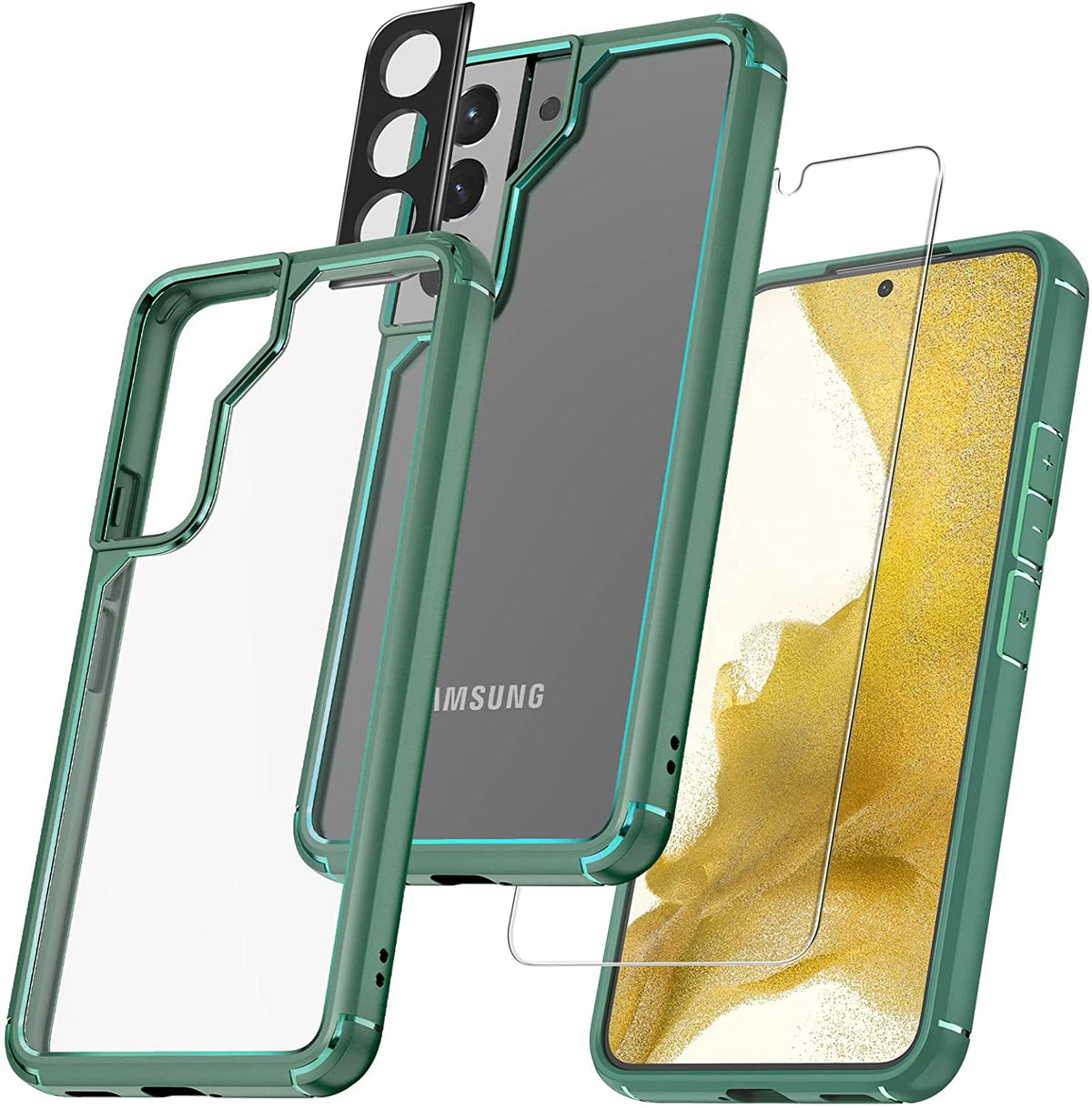 TAURI [5 in 1] Shockproof Designed for Samsung Galaxy S22 Case 5G 6.1 Inch, with 2 Pack Tempered Glass Screen Protector + 2 Pack Camera Lens Protector [Military Grade Protection] Slim Thin Cover