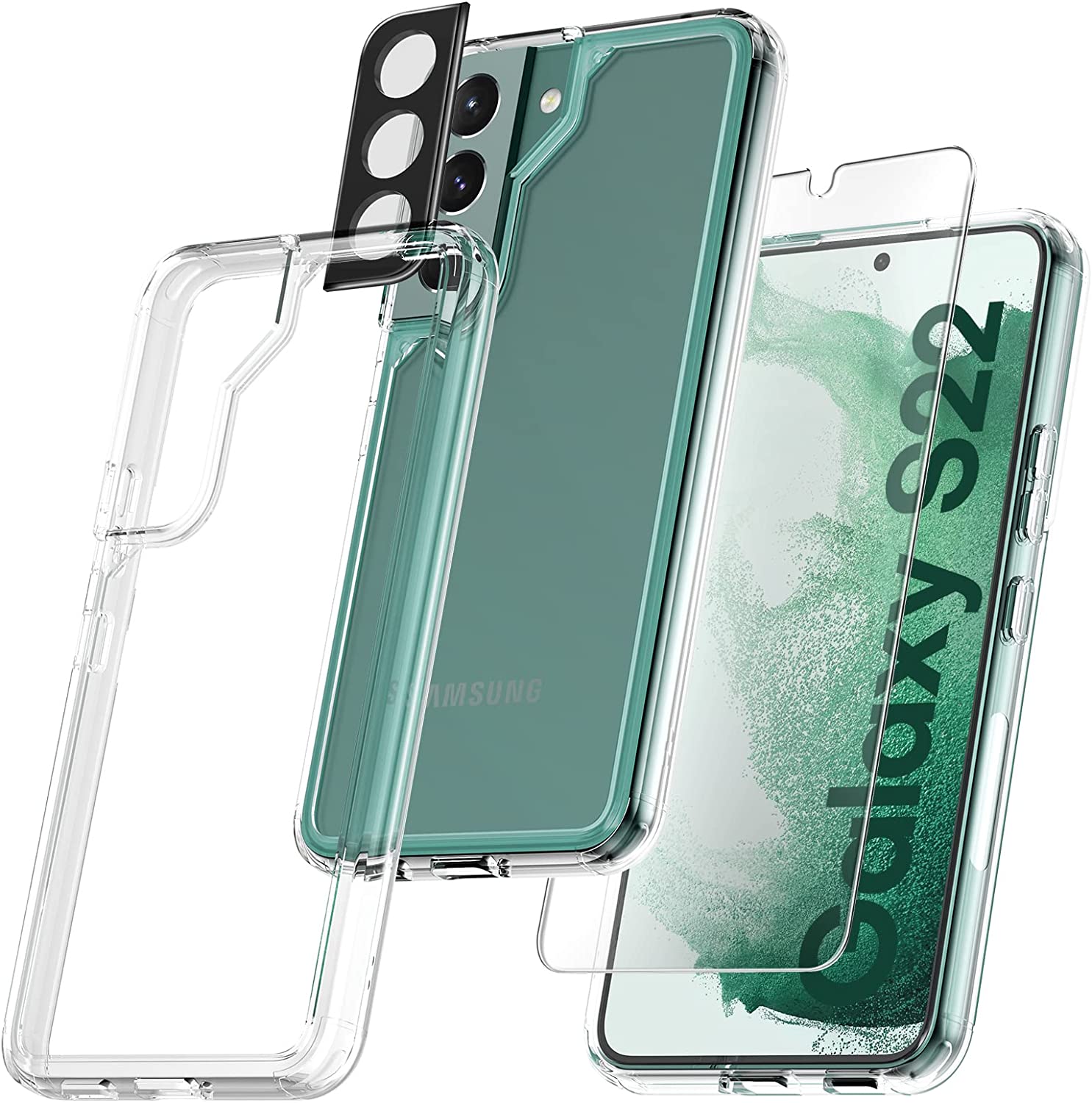TAURI [5 in 1] Shockproof Designed for Samsung Galaxy S22 Case 5G 6.1 Inch, with 2 Pack Tempered Glass Screen Protector + 2 Pack Camera Lens Protector [Military Grade Protection] Slim Thin Cover