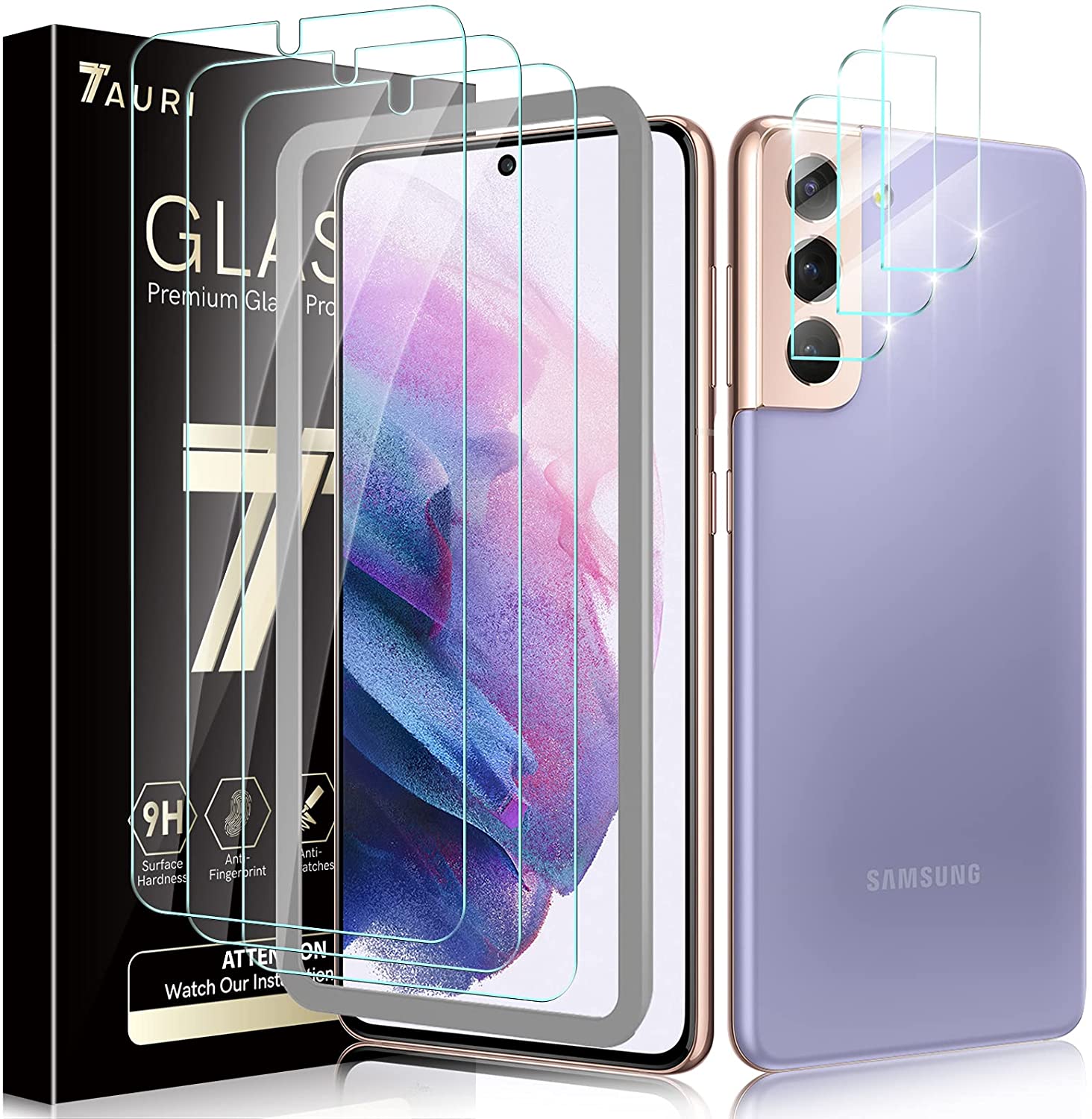 [3+3 Pack] Tauri 3 Pack Tempered Glass Screen Protector + 3 Pack Camera Lens Protector Compatible with Samsung Galaxy S21 5G 6.2 - inch Easy Installation HD-Clear Bubble Free